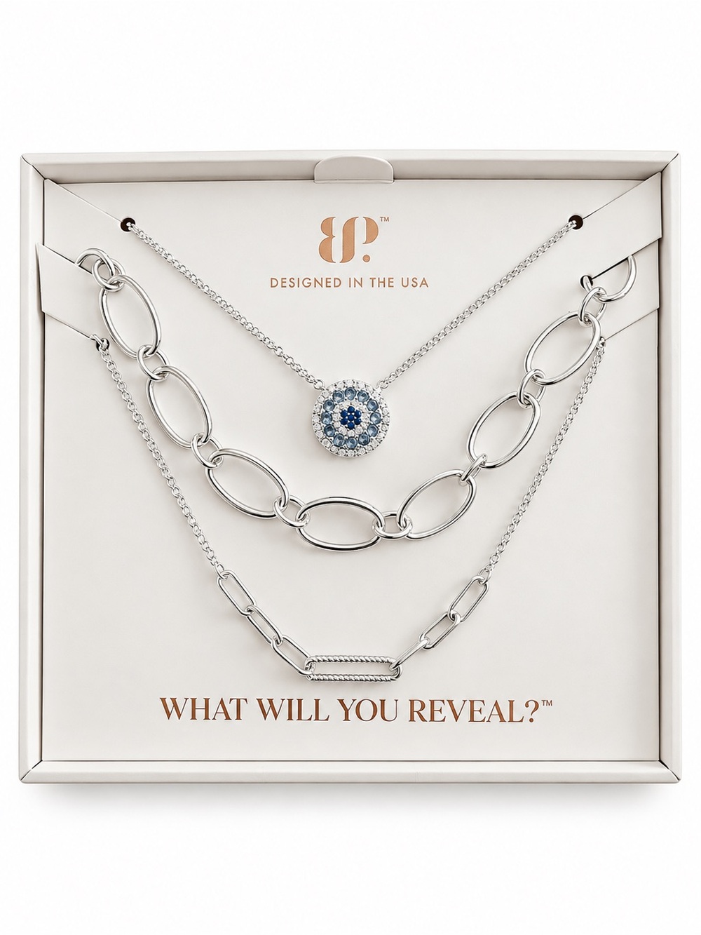 Silver Layered Necklace Set with Blue Crystal Pendant